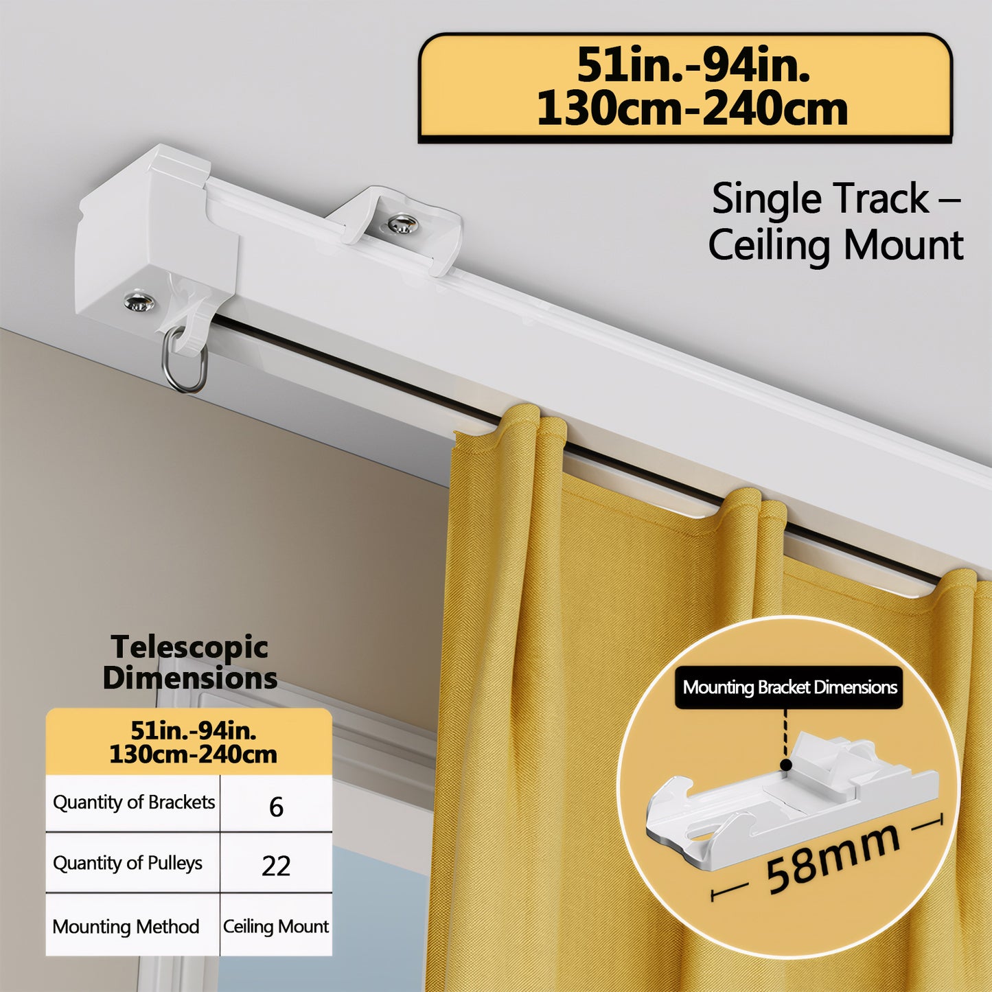 Single Track Ceiling Mount 51-94in./130-240cm